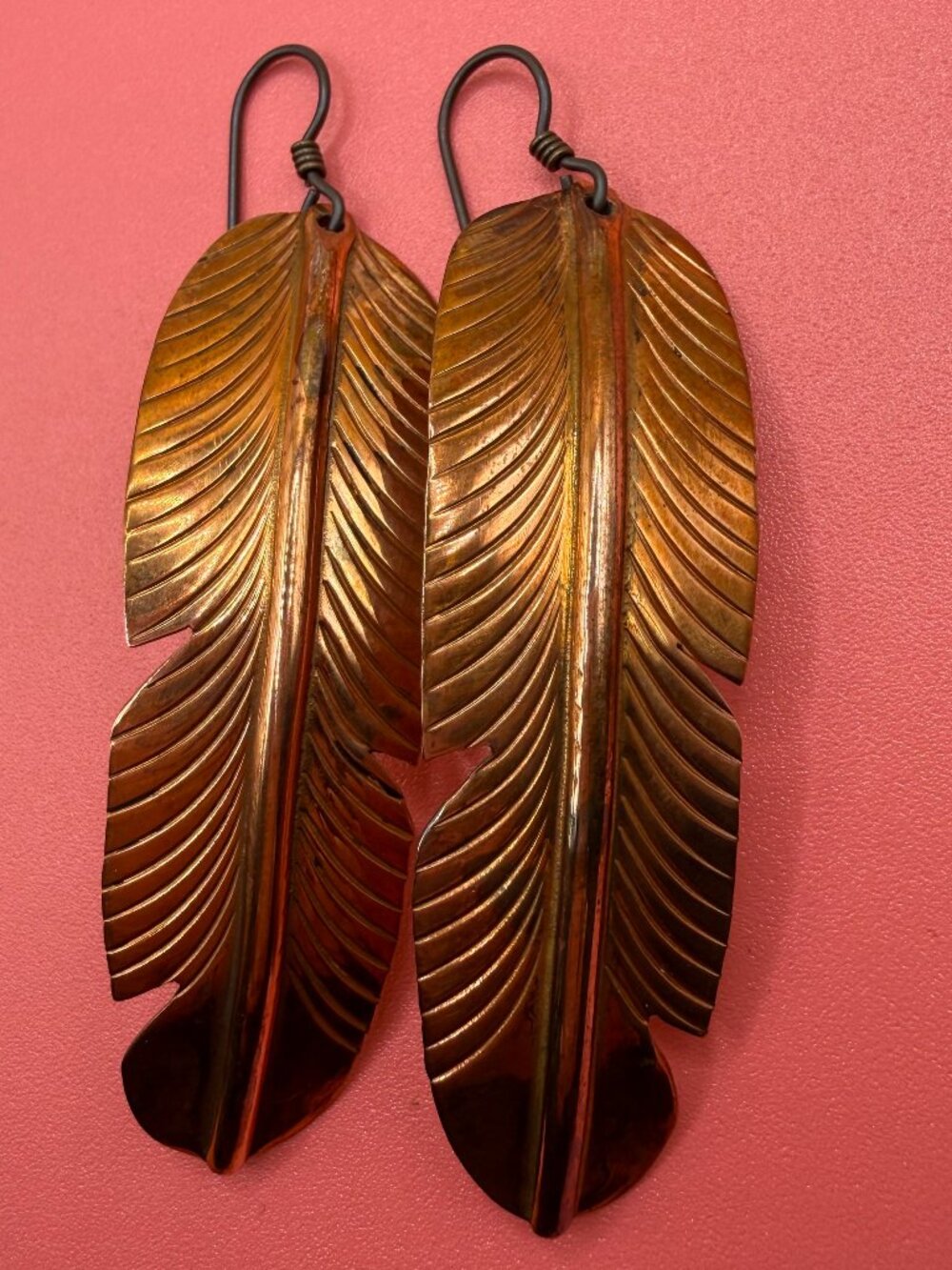 Douglas Etsitty Long Copper Feather Earrings Pierced Signed Navajo